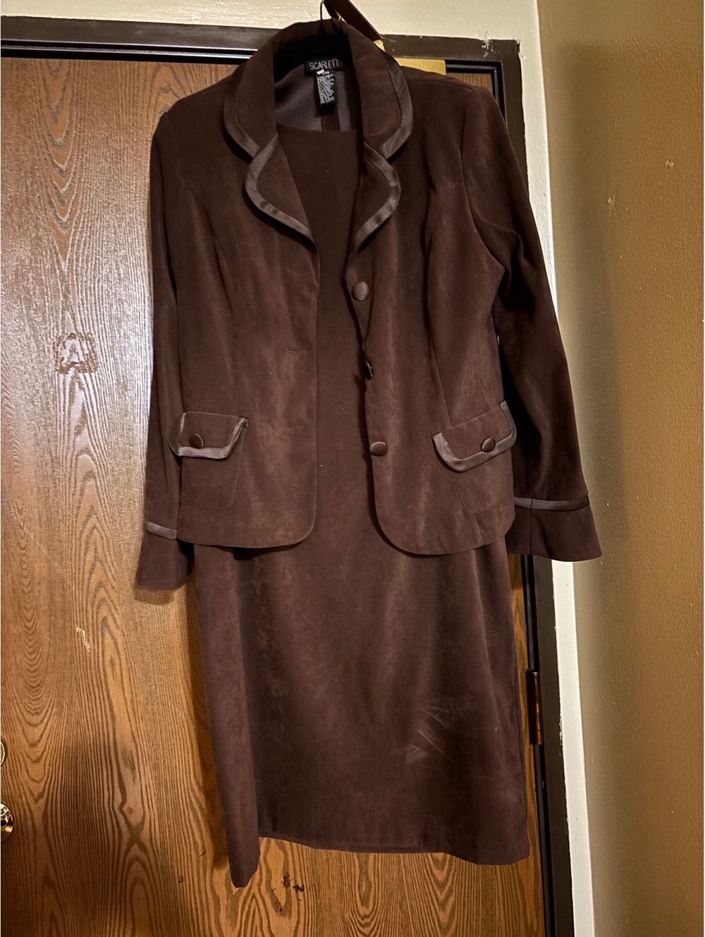 Vintage Chocolate Brown Faux Suede Fall Preppy Workwear Midi Dress & Jacket Set